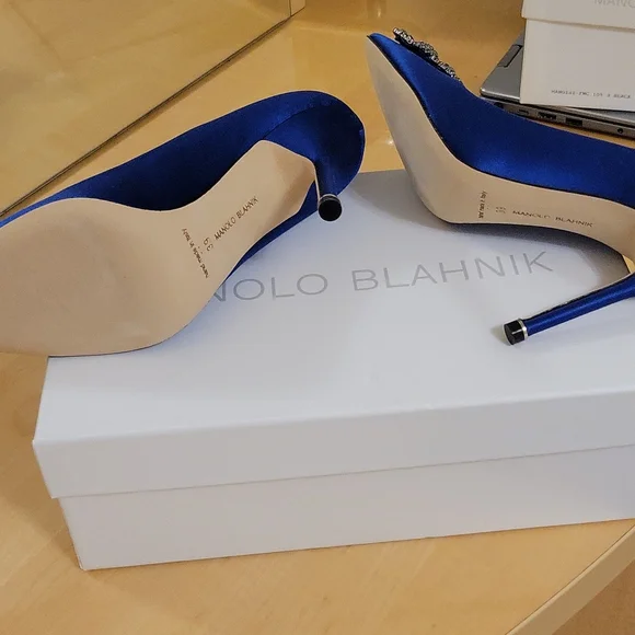 MANOLO BLAHNIK SATINBLUE PUMPS Ft. Square Crystal Buckle- Brand New